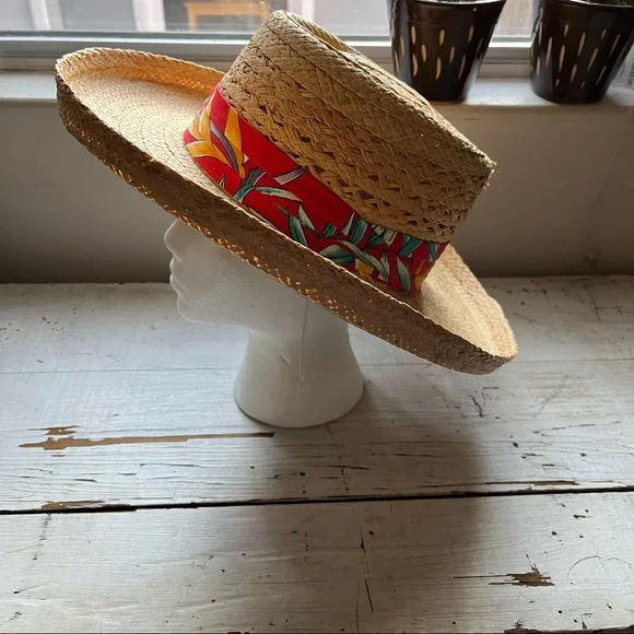 Raffia Straw Woven Tan Sun Hat with Tropical Band - Picture 7 of 13